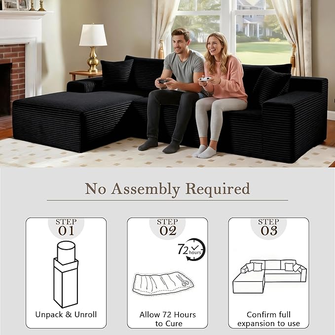 105’’ L-Shape Modular Sectional Sofa with Chaise, Convertible Cloud Couch, Corduroy Fabric & High-Density Memory Foam, No Assembly Required for Living Room (Black, Left Facing Chaise)