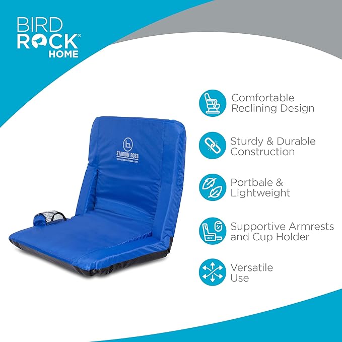 Stadium Boss Recliner Stadium Seat for Bleachers, Benches, Lawns, Backyard, Camping & Beach – Padded Sport Chair, Cushion Backs & Armrest – 6 Reclining Positions – Portable Carry Straps – Blue