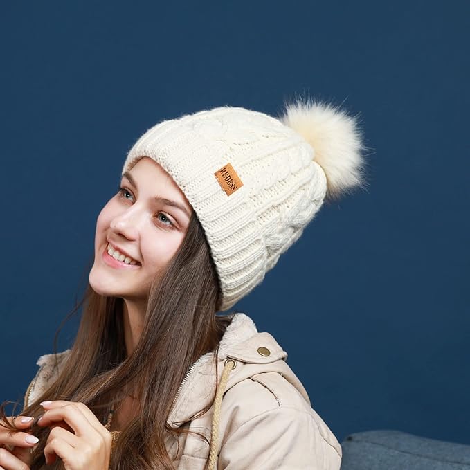 REDESS Women Winter Pompom Beanie Hat with Warm Fleece Lined, Thick Slouchy Snow Knit Skull Ski Cap