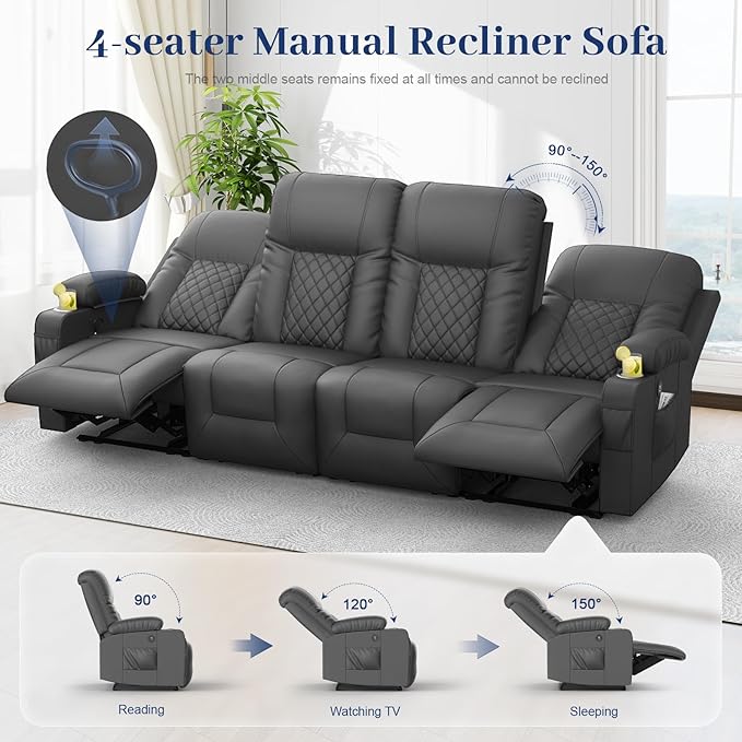 FURNIMAT Oversized Recliner Sofa, 4 Seats Dual Reclining Sofa, PU Leather Loveseat Couch, Modern Recliner Chair for Living Room, with Cup Holder and 2 Cell Phone Holders, USB Ports, Gray
