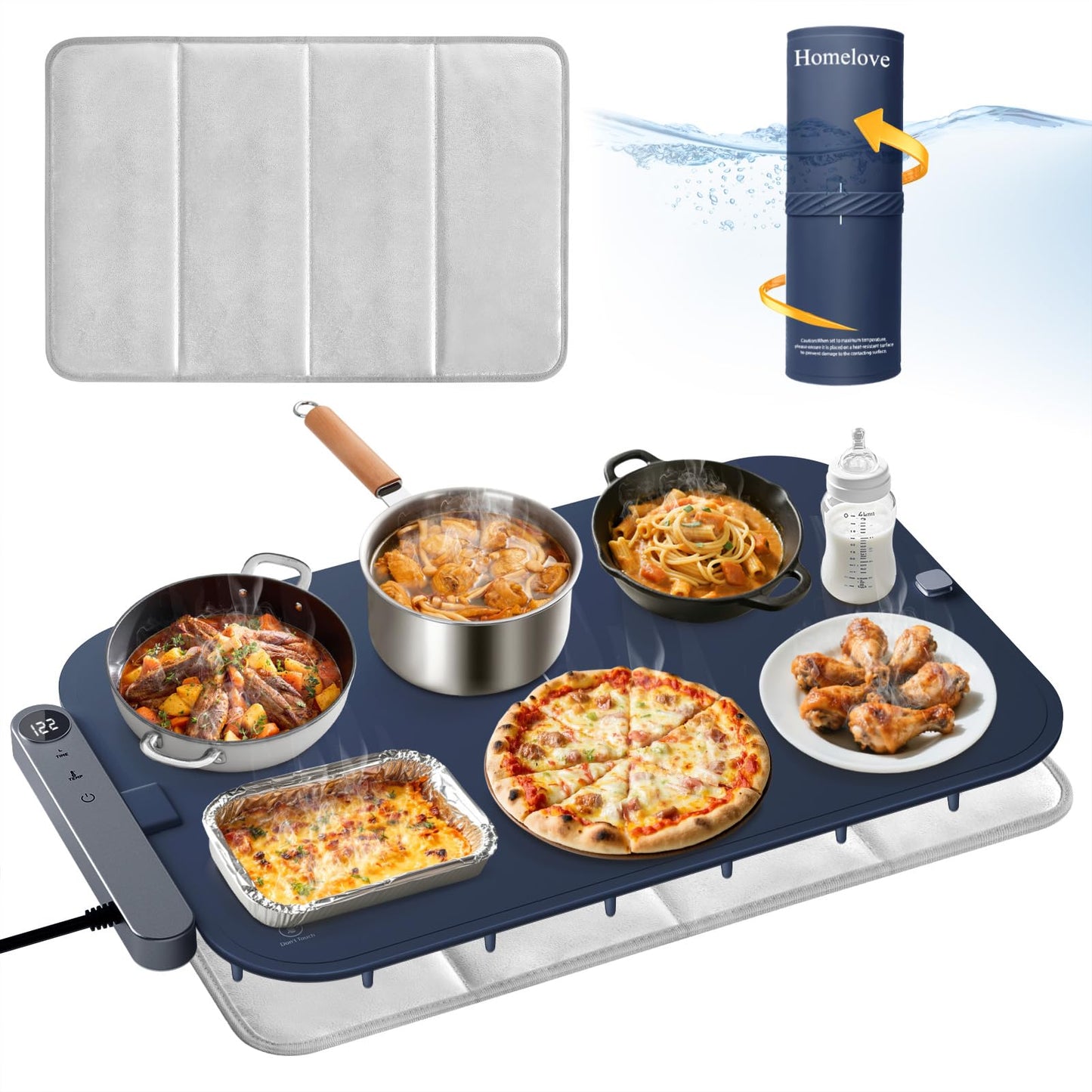 Homelove Warming Mat for Food - Electric Warming Tray with 6-Level Temperature and Hours Setting, Full Surface Graphene Heating, Waterproof Dishwasher-Friendly Food Warmer for Parties, Kitchen (Blue)