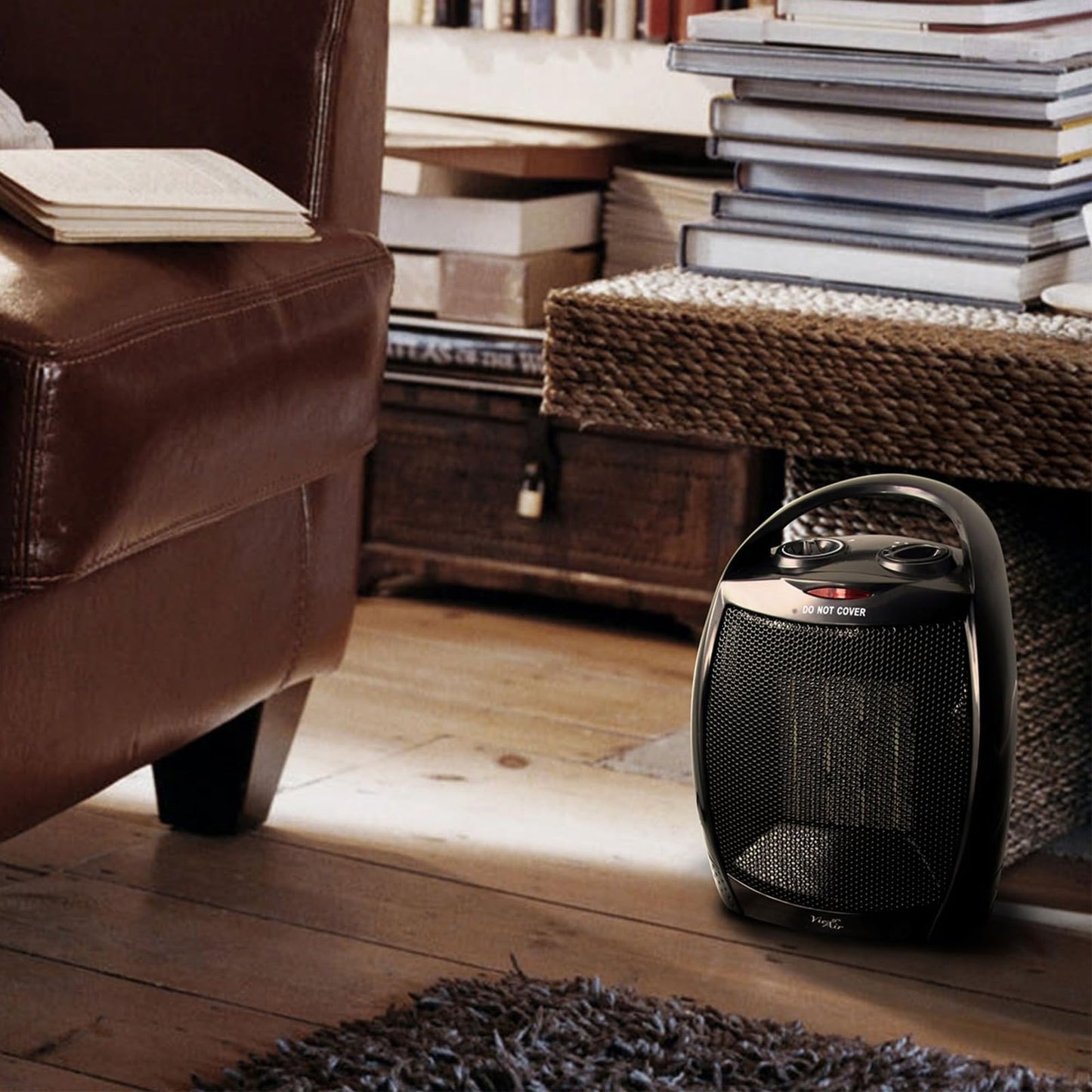Vie Air Portable 2-Settings Ceramic Heater With Adjustable Thermostat, 1500W, Black, Small
