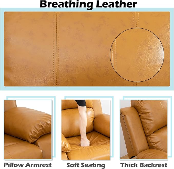 JBXBER Manual Recliner Sofa Set for Living Room, Leather Reclining Sofa Sets, Faux Leather Couch Set with Cup Holders, Drop-Down Table and Storage Console(Sofa,Ginger)