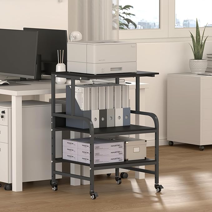 STEELIST Black Printer Stand, Large Printer Table with Wheels, 32.48 X 22.05 X 18.9 Home Office Rolling Stand with Adjustable Shelf, Heavy Duty Printer Cart for Scanner, Fax, Black Ebony