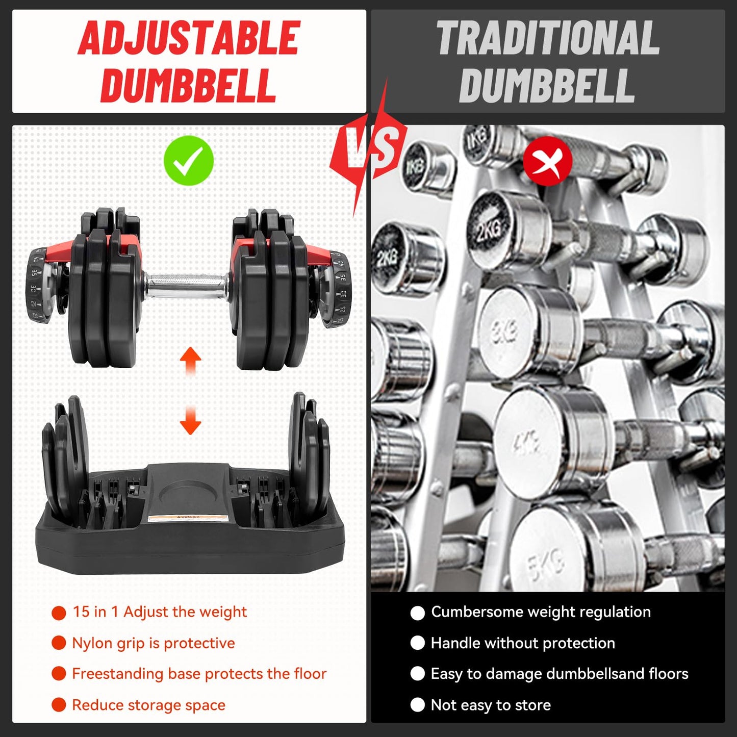 Adjustable Dumbbell 25LB, 2-in-1 Weight with Anti-Slip Handle, Fast Weight Adjustment for Home Gym, Strength Training for Men & Women, Single Dumbbell with Tray