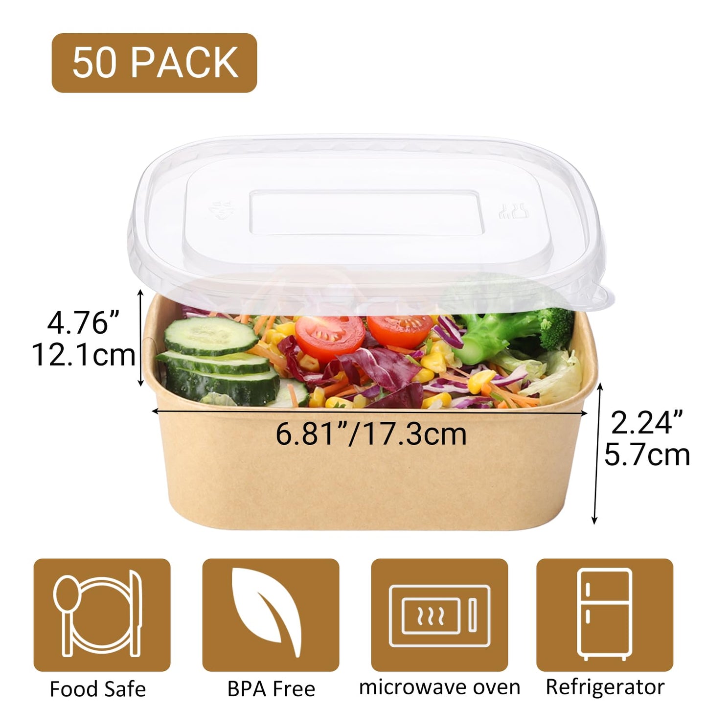 Belinlen 50 Sets 25oz Disposable Kraft Paper Bowls with Lids, Rectangle Paper Food Containers with Lids, Salad Bowls for Hot/Cold Food, Soup, Meal Prep, Ice Cream, Takeout, Party Supplies(750ml)