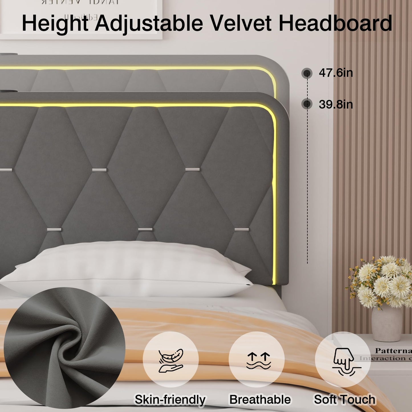 VECELO Upholstered Queen Bed Frame with Headboard Adjustable, Velvet Platform Bed with LED Lights, Charging Station, Mattress Foundation with Wooden Slats, Noise Free, No Box Spring Needed, Grey