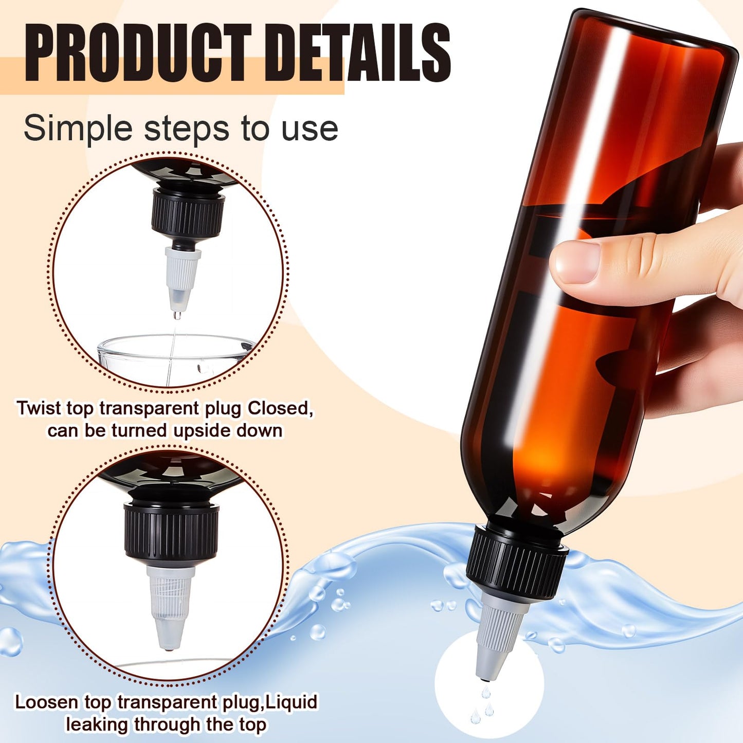 Barydat 50 Pcs 8 oz Squeeze Bottle Twist Top Applicator Bottles Empty Hair Oil Bottle with Funnels Refillable Amber Plastic Bott