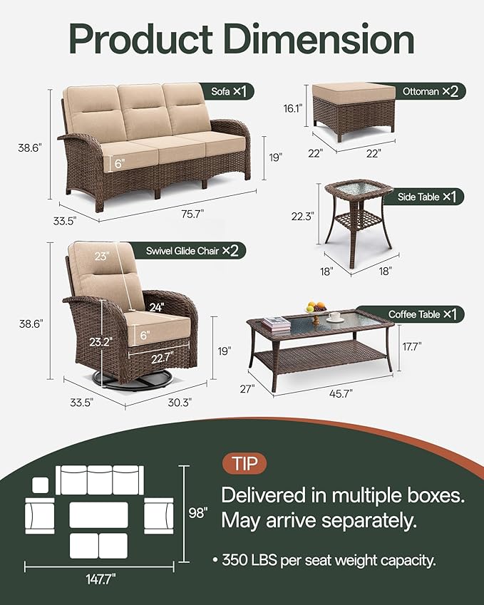 7-Piece Patio Furniture Set with 6-Inch Thick Cushions, High Back Outdoor Couch and Swivel Rocker Chairs, All-Weather Conversation Set for Porch, Deck, Yard, Pool in Beige