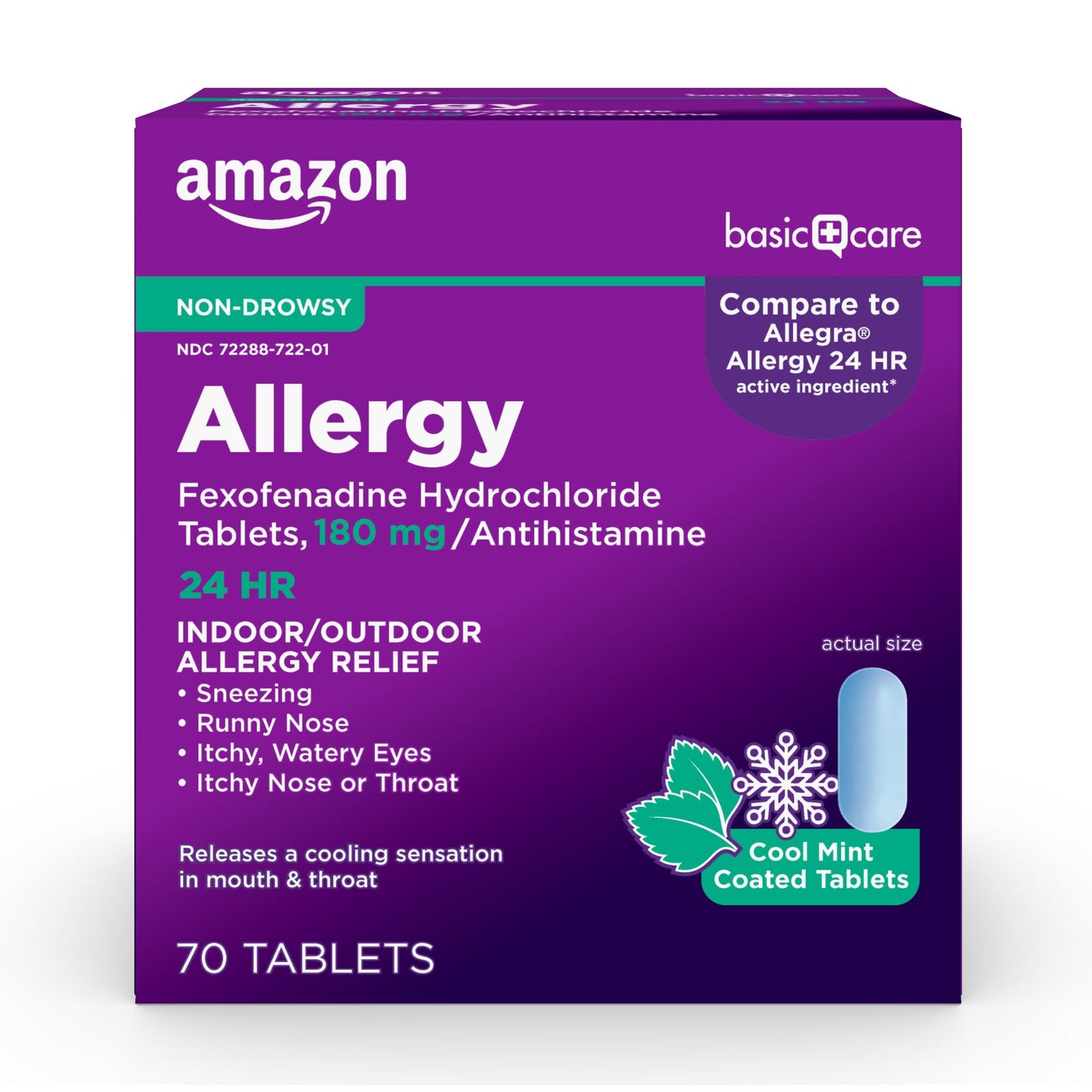 Amazon Basic Care Allergy Relief, 24 Hour, Fexofenadine Hydrochloride 180 mg, Non-Drowsy Antihistamine, Cool Mint Coated Tablets, 70 Count