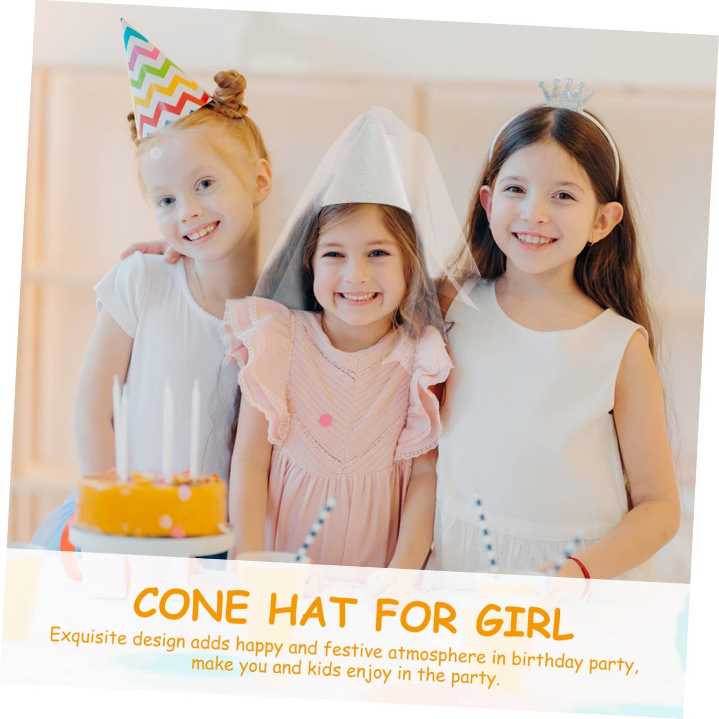 Parliky Birthday Party Cone Hat with Decorative Sequins and Tulle for Girls Photo Prop for Celebrations and Princess Dress-up