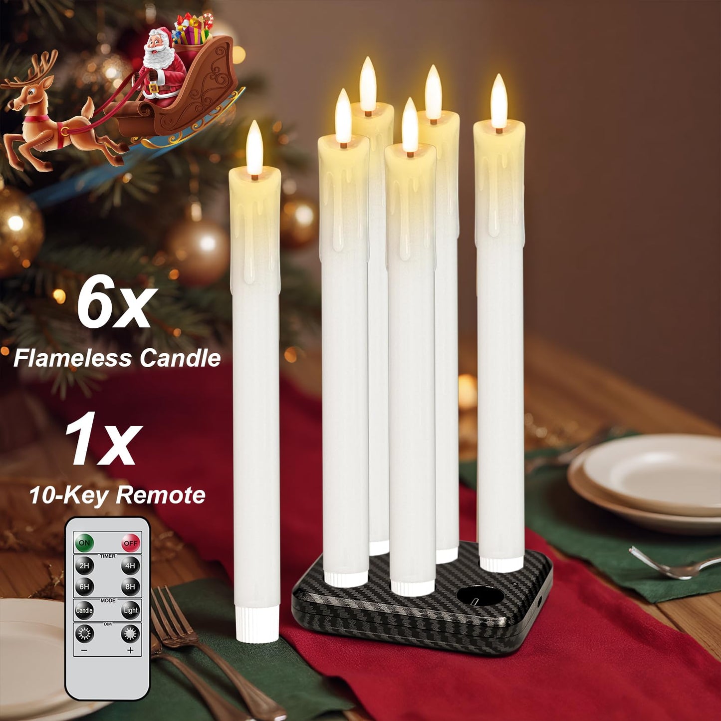 Lasumora Rechargeable Flameless Taper Candles with Charging Station & Remote Timer, 6 Pcs Real Wax LED Taper Candles, Battery Operated Candlesticks for Home Wedding Christmas Decorations (White)