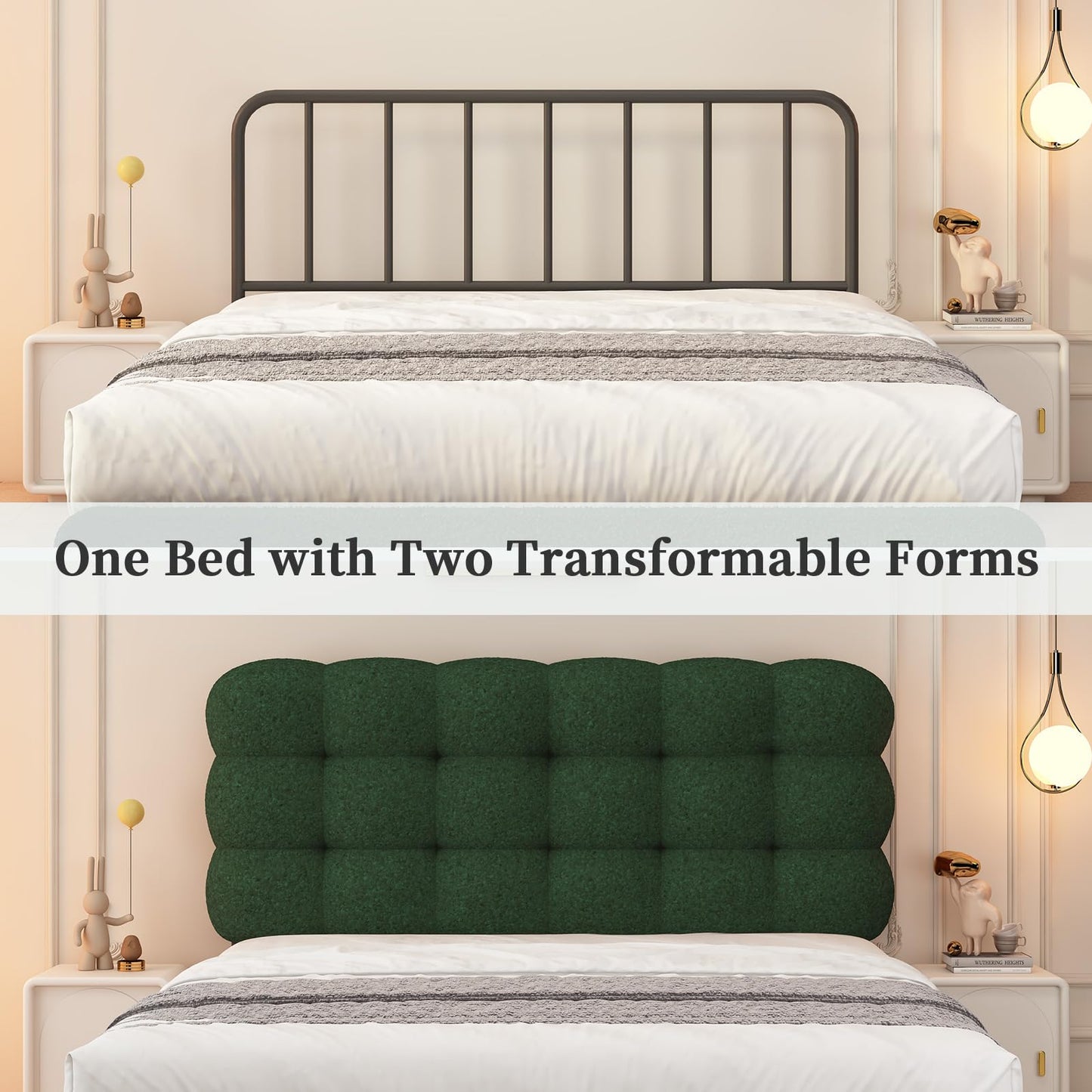 Queen Bed Frame with Upholstered Headboard, Platform Bed with Strong Wooden Slats Support, Two Bed Forms Design, No Boxing Spring Needed, Easy Assembly, Green