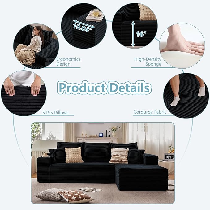 96" Cloud Sectional Couch with L-Shape Chaise, Modern Corduroy Boneless Couch for Living Room,Memory Foam Sofa with Deep Seat,No Assembly Required (Black,Right-Facing Chaise)