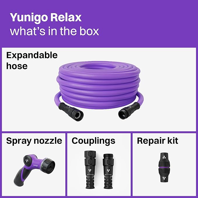 RELAX 100ft Expandable Purple Garden Hose – Lightweight No-Kink Design with Durable Aluminum Fittings, Spray Nozzle & Hose Mender for Home & Garden Watering