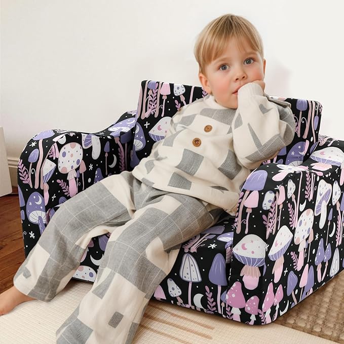 MeMoreCool Toddler Couch Chair – Foldable Kids Sofa for Ages 1–3, Fold-Out Bed with Side Pocket, Comfy & Washable Detachable Cover | Cute Patterns | Lightweight Lounger for Playroom, Naptime, Gifting