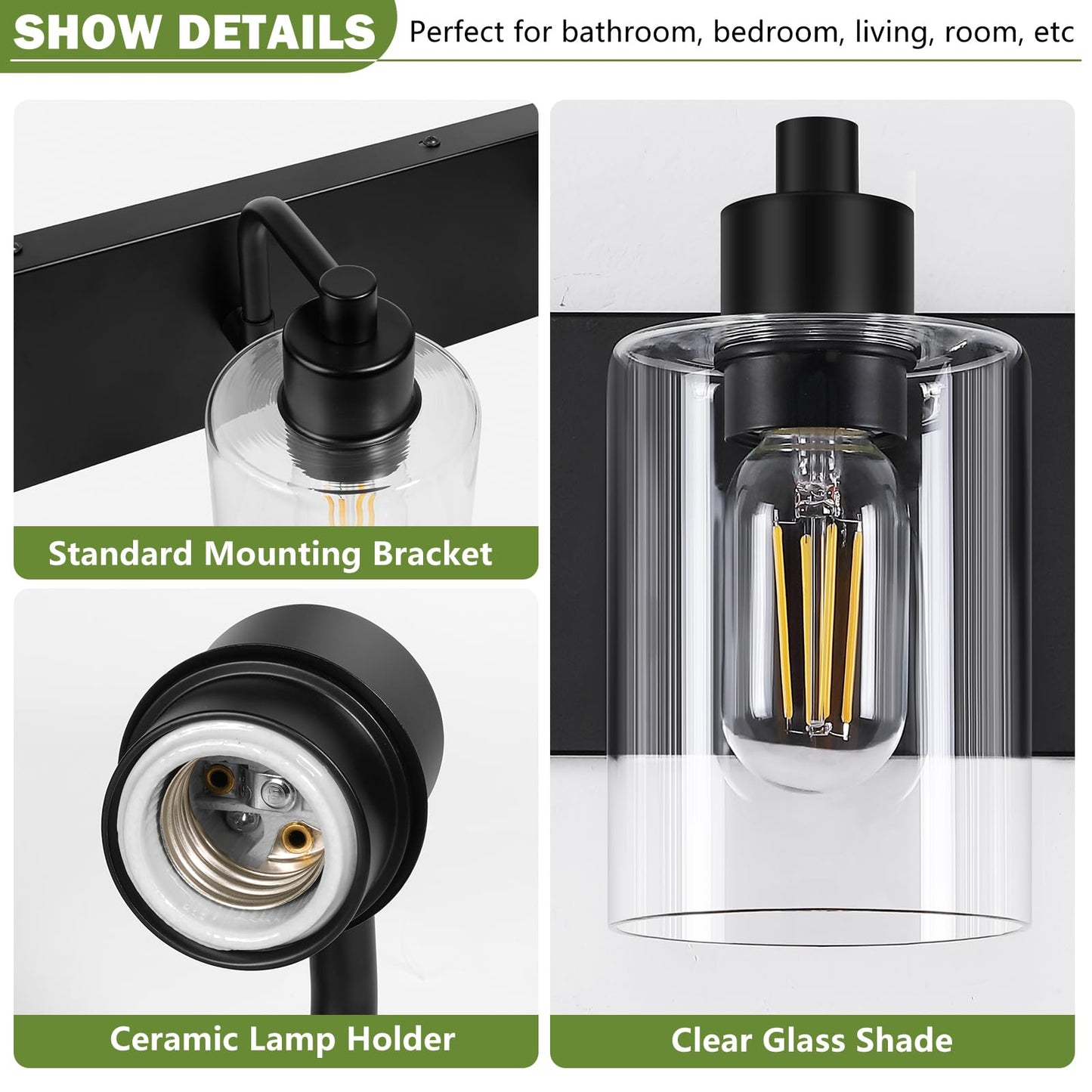 Dpyrrhic Bathroom Light Fixtures,Matte Black 3-Light Bathroom Lights Over Mirror with Clear Glass Shade,Wall Sconces for Kitchen Living Room Bedroom