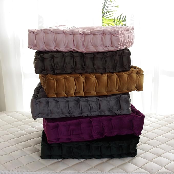 vctops Square Solid Color Velvet Seat Cushion with Handle Tufted Thicken Chair Pad Tatami Floor Pillow Cushion 16.5"x16.5"x4" Pink