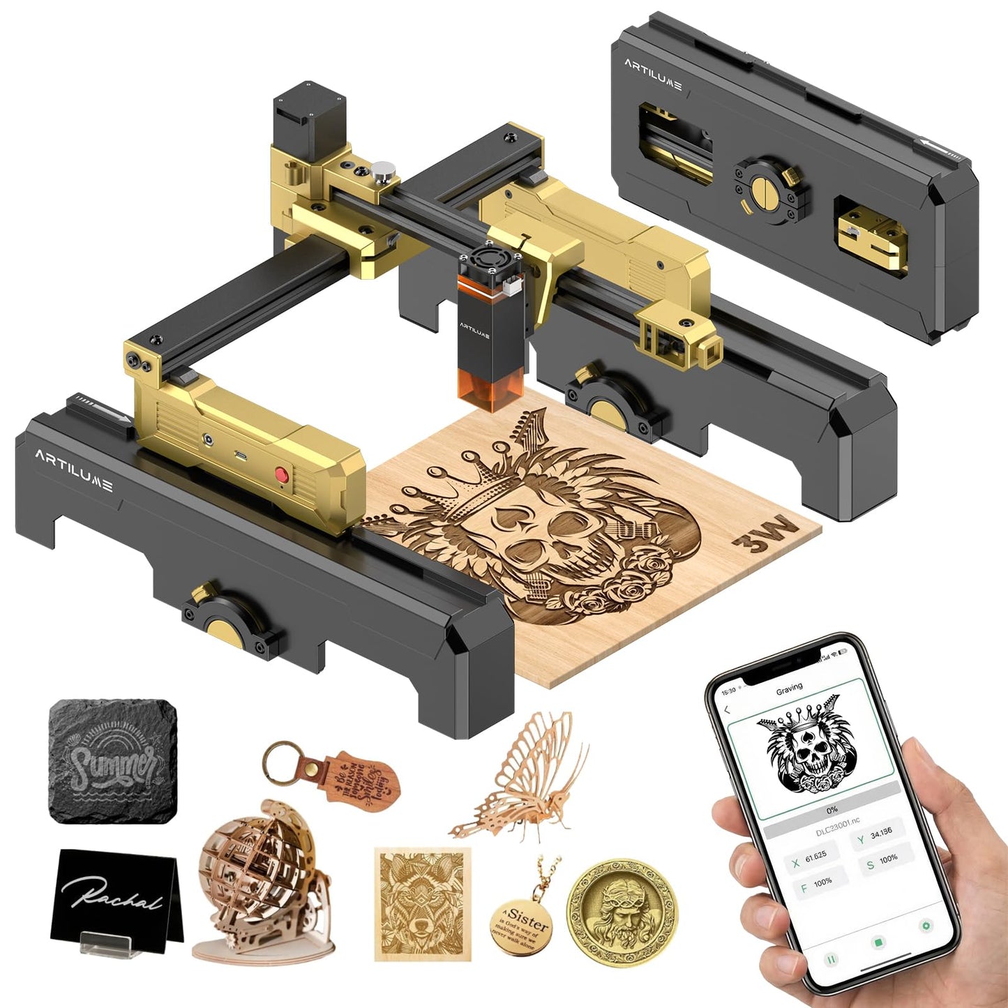 Artilume T1 Foldable Laser Engraver 3000mW with APP Control, Riser & Protective Casing, Portable Engraving Machine for Beginners, for Wood, Leather, Acrylic, Metal – DIY & Small Business