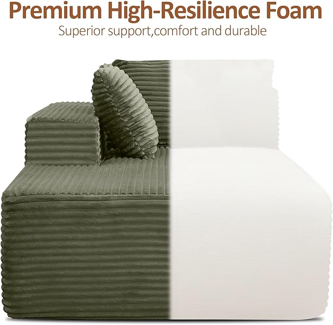 WUTUTUEE Boneless L Shaped Sofa with Chaise Lounge, Green Corduroy