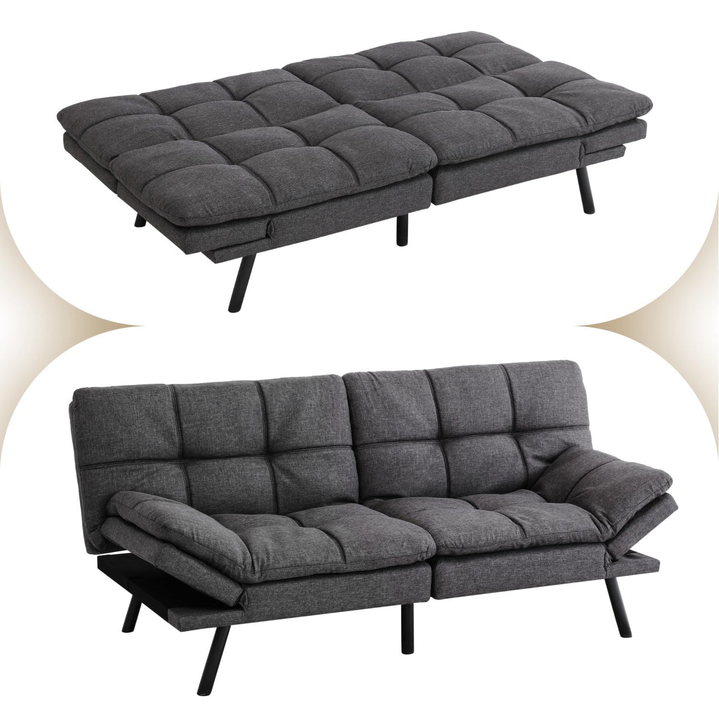 Opoiar 71" Convertible Futon Sofa Bed & Sleeper Couch - Memory Foam Loveseat Sofa with Adjustable Backrest/Armrest for Small Space, Apartment, Living Room - Grey