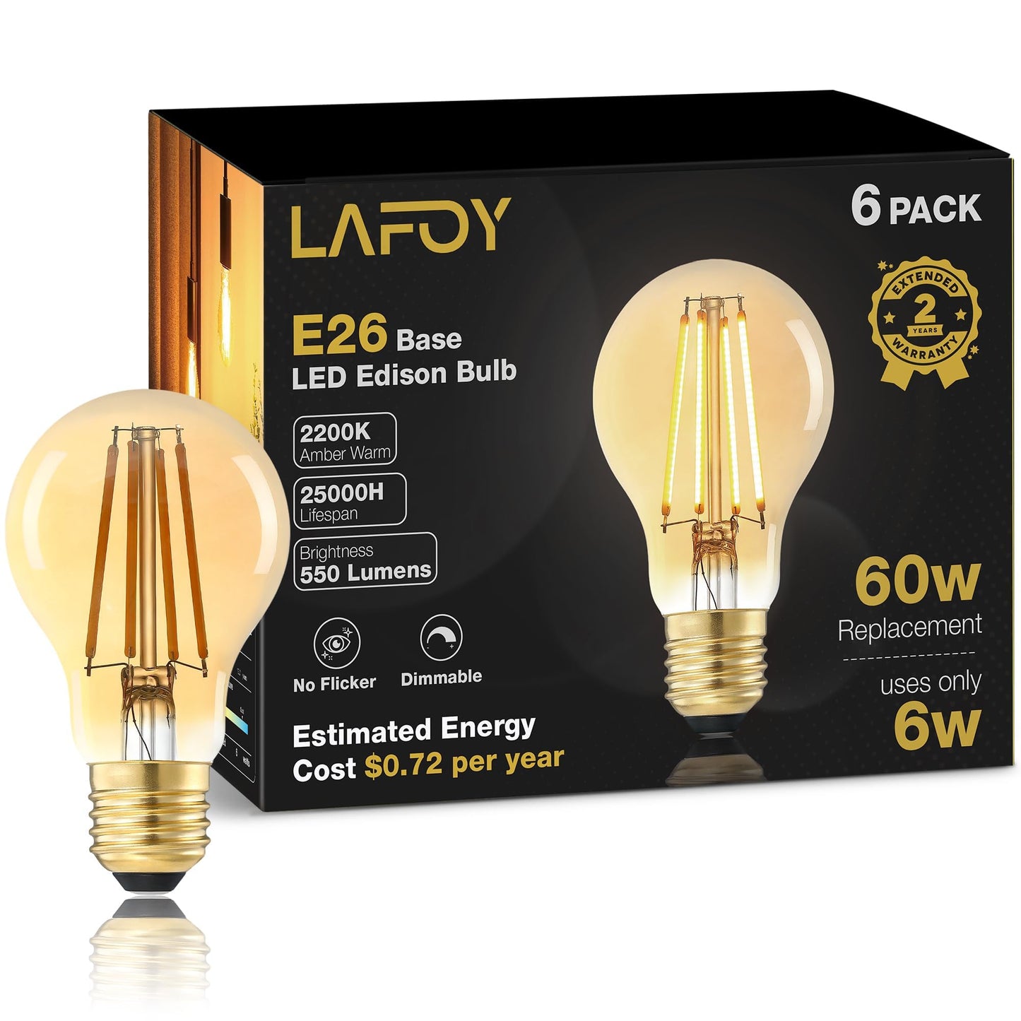 Lafoy A19 E26 Amber Light Bulbs 2200K Soft Warm, Vintage LED Edison Bulbs 60 Watt Equivalent, Dimmable Antique Old-Fashioned Style 60W Replacement, 550 Lumen Medium Base Lightbulbs, 120V 6 Pack