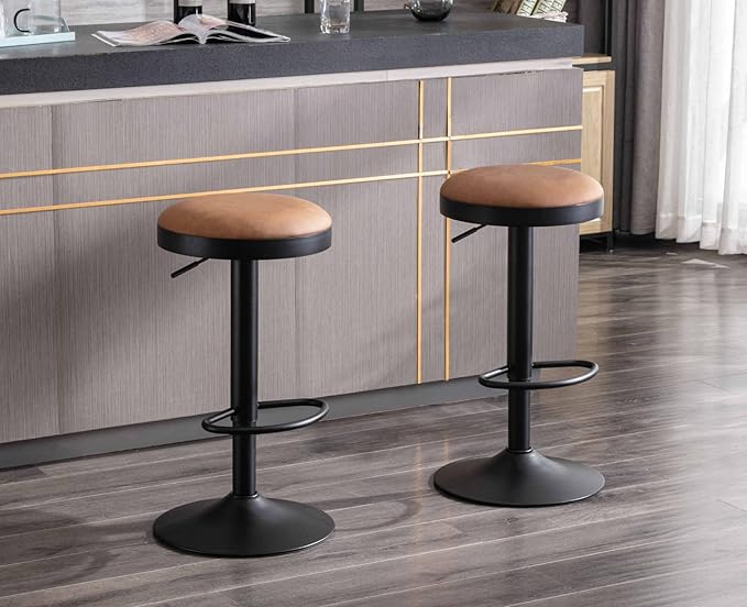 EALSON Modern Swivel Bar Stools Set of 3 Adjustable Counter Height Backless Barstools with Metal Base Leather Upholstered Round Bar Stool Chairs for Kitchen Island/Pub/Breakfast Bar, Brown