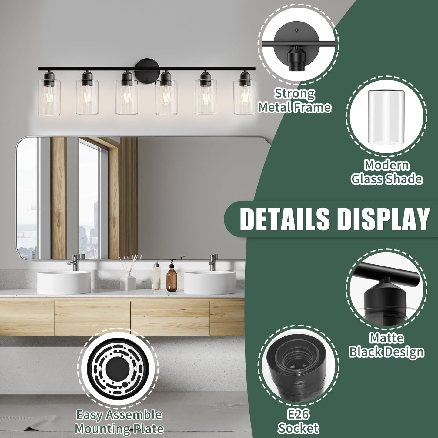 Espird 6 Lights Bathroom Vanity Light Fixtures Matte Black,Rustic Farmhouse Vanity Lighting Over Mirror Modern Industrial Lamp with Cylinder Glass Shade UL Certified