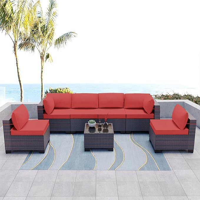 Kullavik 7 Pieces Outdoor Patio Furniture Set,Sectional Rattan Sofa Set Brown PE Rattan Wicker Patio Conversation Set with Tempered Glass Coffee Table and Washable Cushions Covers,Red