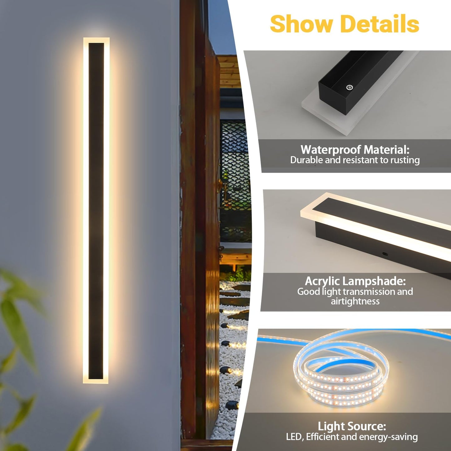 SUCICNISD 2 Pack 59.1In Modern Outdoor Wall Light Outdoor Wall Sconces for House Exterior Wall Light Fixtures Acrylic Long Wall Mount for Porch, Doorway, Stairway (Warm Light)
