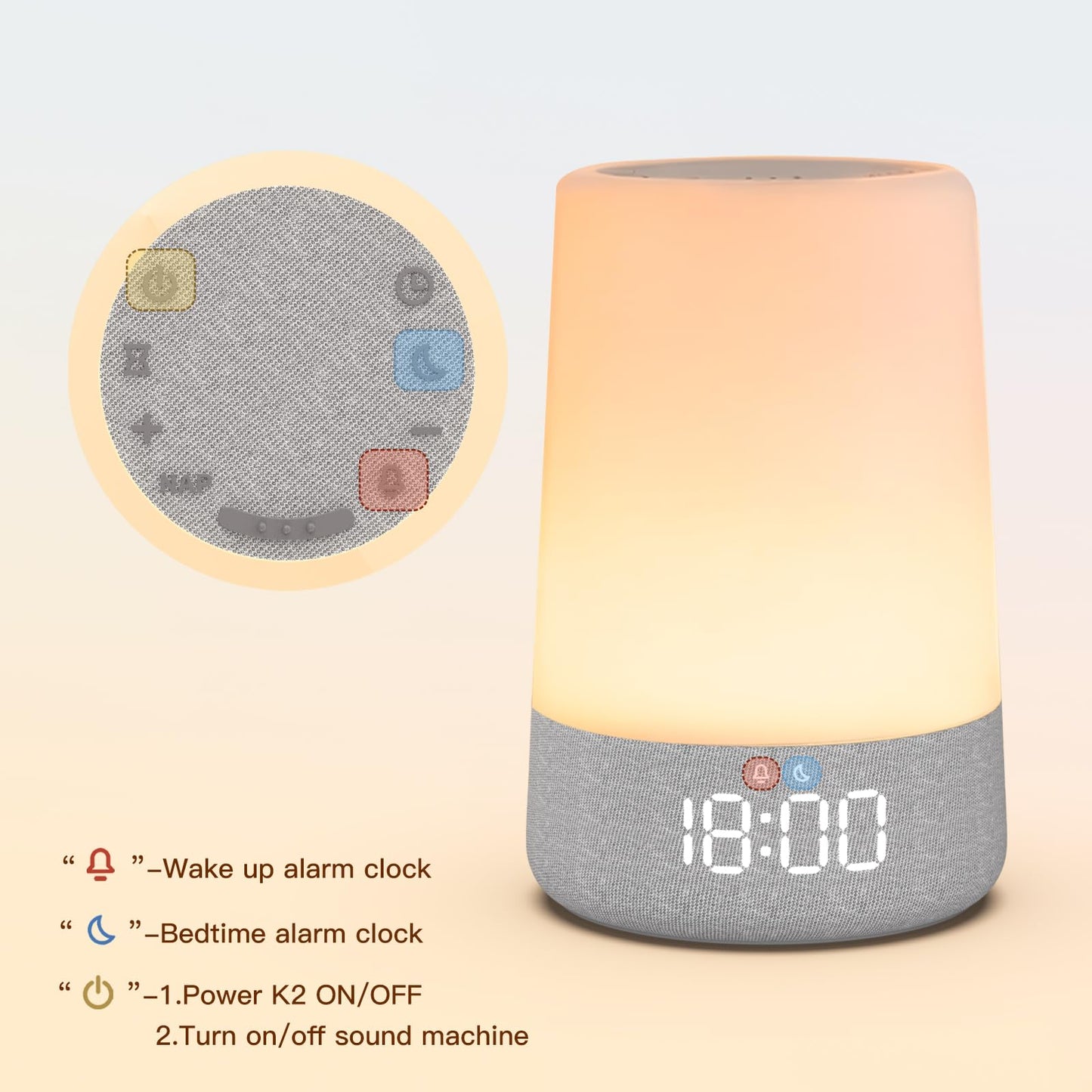 REACHER Sleep Trainer Alarm Clock for Kids, Night Light, White Noise Machine and OK to Wake Clock for Toddlers at Home or Travel, App-Free, Rechargeable