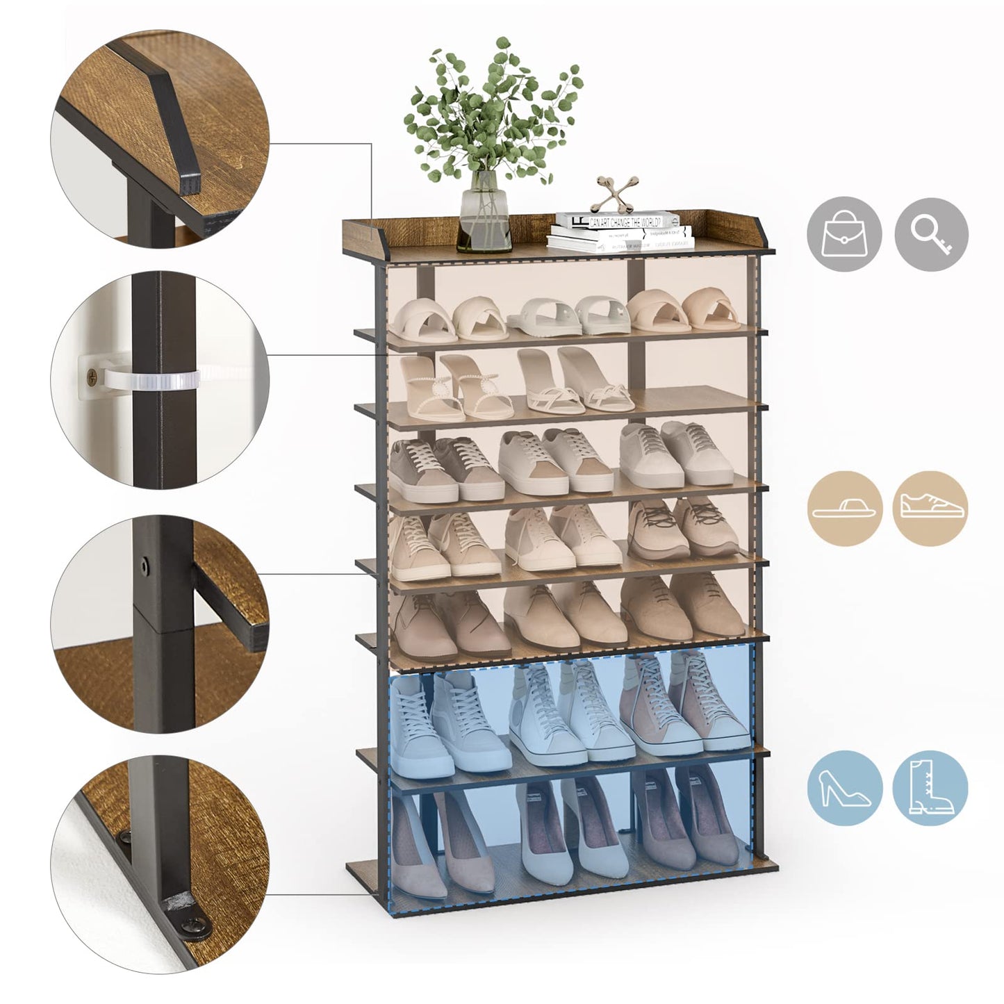 Mondeer Free Standing Shoe Rack, 8 Tier Tall Organizer Shelf for 24 Pairs for Entryway Hallway, Industrial Style Wooden Metal 11" D x 27.6" W x 44.5" H Inches (Rustic Brown)