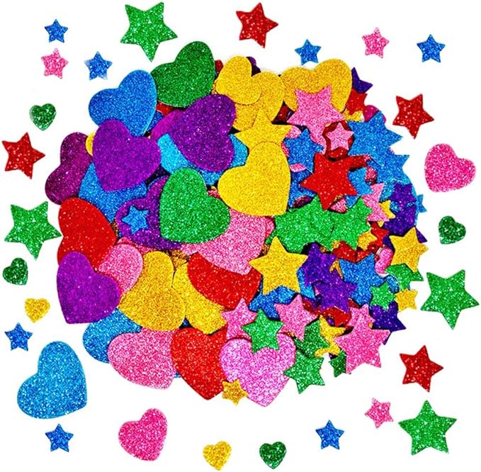 260 Pieces Colorful Glitter Foam Stickers Self Adhesive Stars Mini Heart Shapes Glitter Stickers, Kid's Arts Craft Supplie...