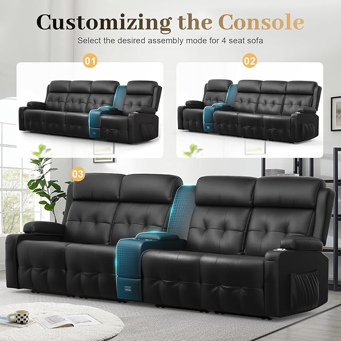 Aotolo Recliner Sofa, Massage Reclining Sofa 4 Seater Sets Heavy Weight Capacity, RV Loveseat Couch Clearance with Console, USB, Type C Port, Storage, Cup Holders, Wall Hugger Chair for Living Room