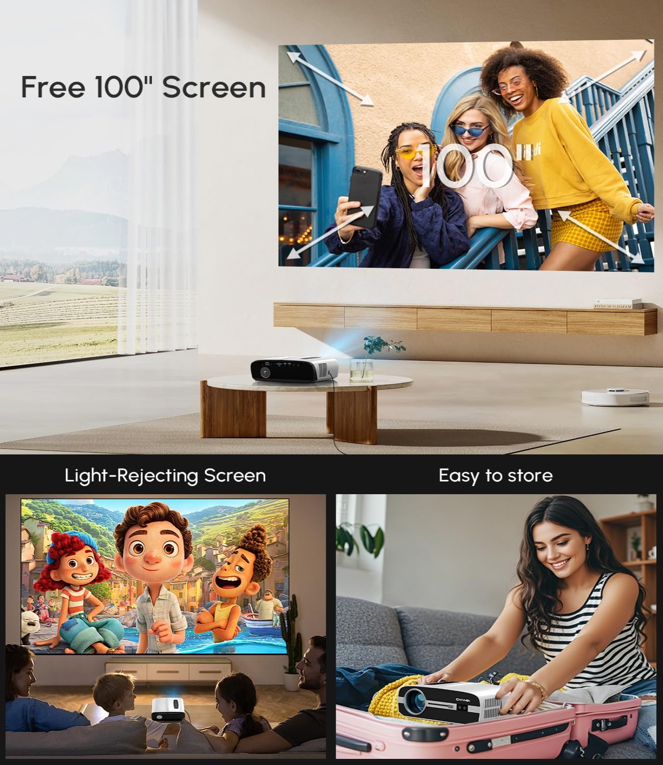 4K Projector with Screen Included, 2000 ANSI Bright Daytime Home Projectors, Auto Focus, 38W Speaker, WiFi Bluetooth, Smart Android TV, HDMI USB for PC Phones Game Consoles