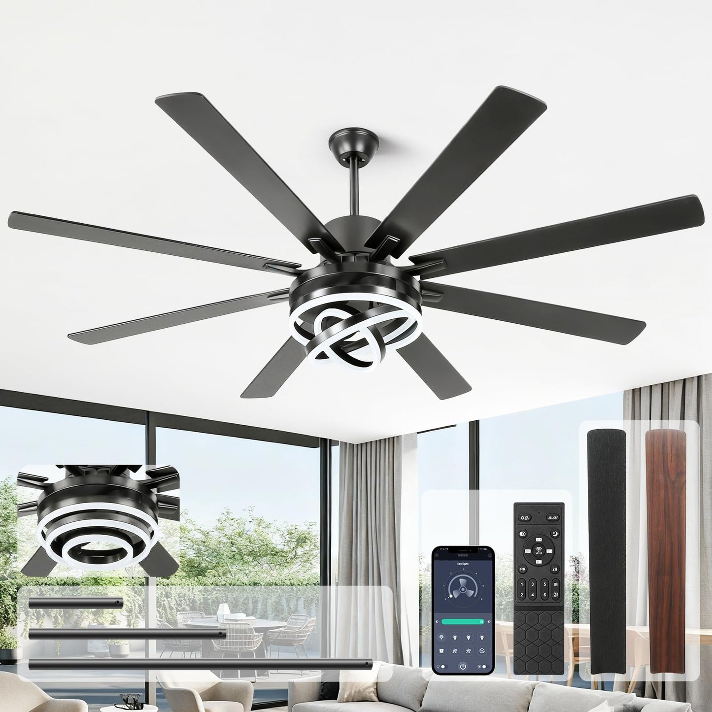 TIRUSUN 72 Inch Chandelier Ceiling Fans with Lights, Large Modern Ceiling Fan with Remote Control for Living Room Kitchen, Dimmable, 6 Speed Reversible DC Motor, Dual Finish，Black