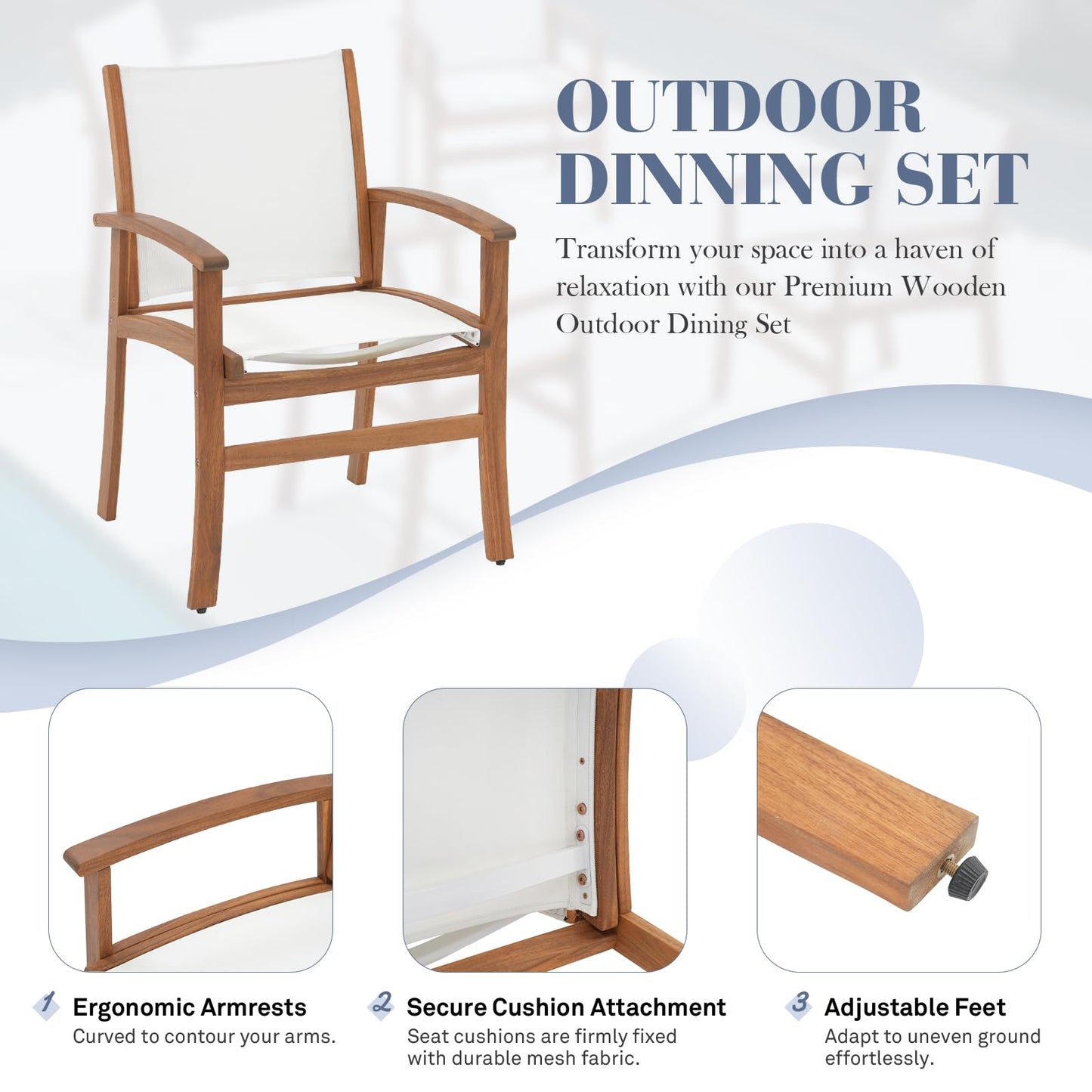OC Orange-Casual Patio Furniture Set, Outdoor Chairs Set with Acacia Wood Frame and Metal Support Bars,Breathable Textilene Fabric Curved Armchair Support 350lbs for Lawn, Garden (White, 2 Pieces)