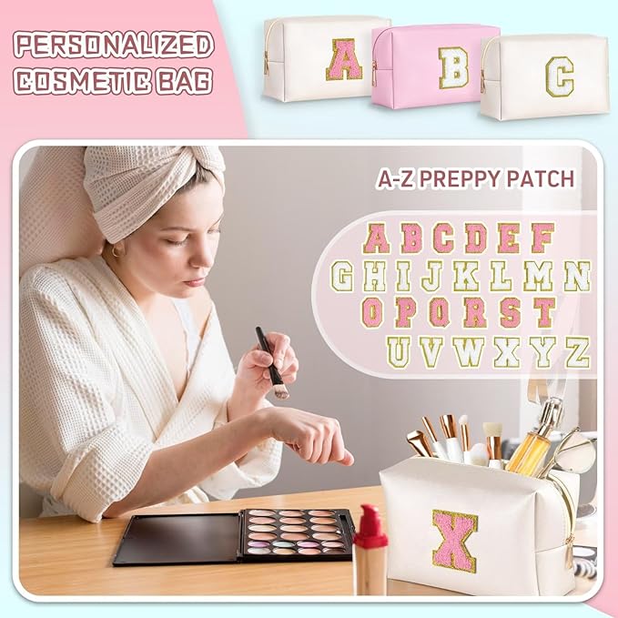 TOPEAST Preppy Makeup Bag, Small Cosmetic Travel Bags for Women, PU Leather Waterproof Toiletry Bag with Zipper, Personalized Birthday Gift for Women Girl, Preppy Gifts for Girl (Pearly White Y)