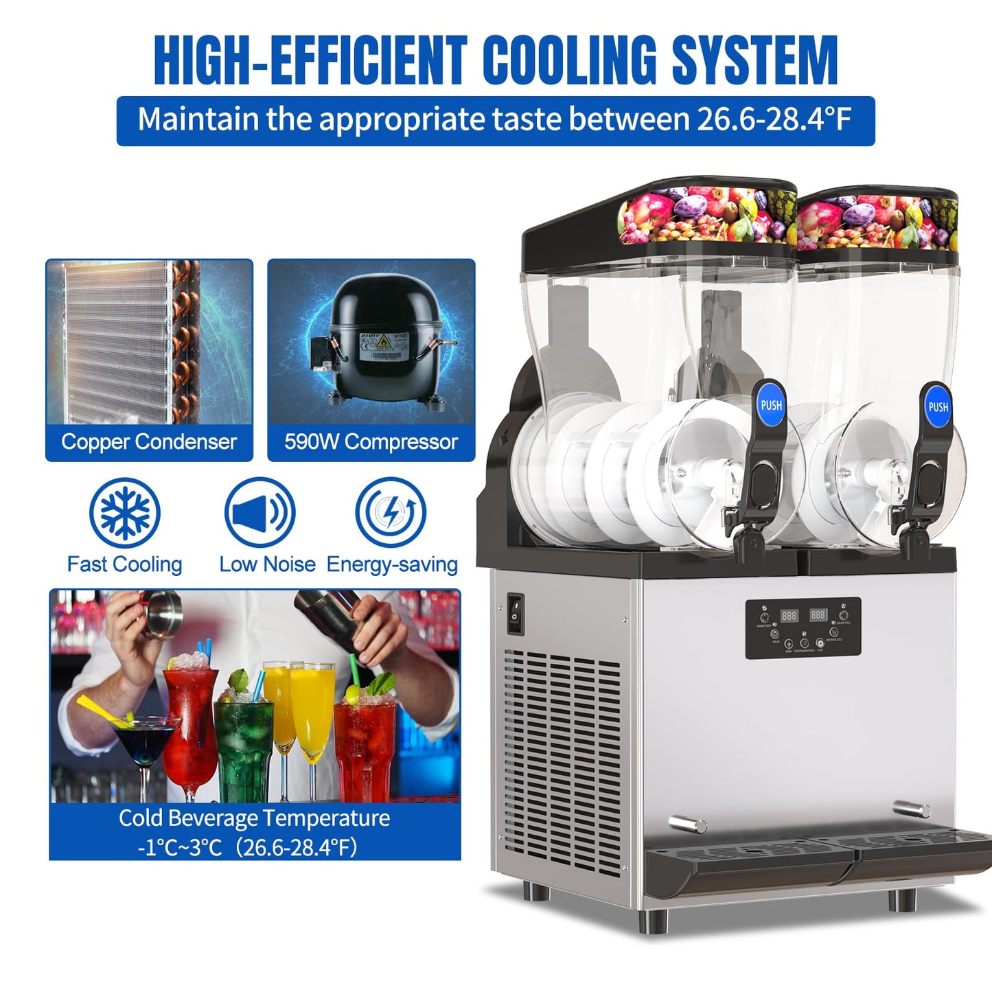 XPW Commercial Slushy Machine 500W 15L Tanks Commercial 110V Slushie Maker Machine 304 Stainless Steel Margarita Machines Quick Frozen Slush Maker for Bars Cafes Restaurants