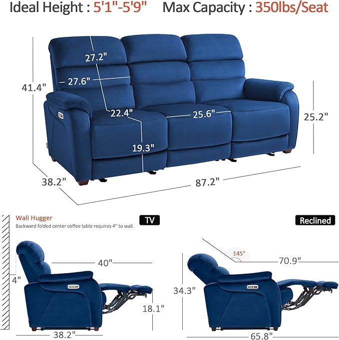MCombo 87.2'' Wall Hugger Power Recliner Sofa with Drop Down Table, Reclining Sofa with Adjustable Headrest, USB Charge Ports, Reading Lamp, for Living Room, RVs, Fabric, ST258M3 (3-Seater, Navy Blue) | Zero Wall Hugger
