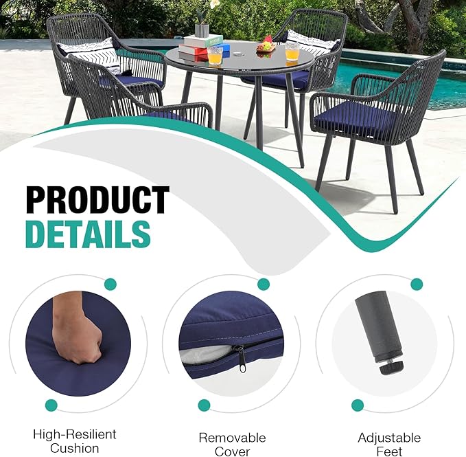 Patiorama Outdoor Dining Chairs, Patio Dining Chair Set of 4, All-Weather Woven Rope Rattan Chairs, Outdoor Dining Wicker Chair with Armrests for Indoor Balcony Pool Backyard(Blue)