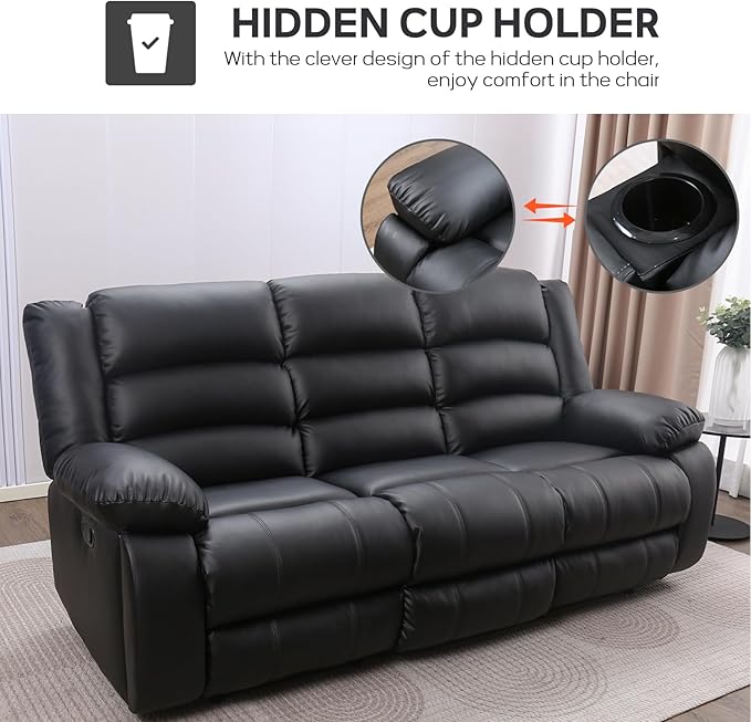 EBELLO Faux Leather Manual Reclining Sofa with 2 Concealed Cup Holders, Overstuffed Armrest 3 Seat Recliner Couch for Living Room, Bedroom, Meeting Room, Black