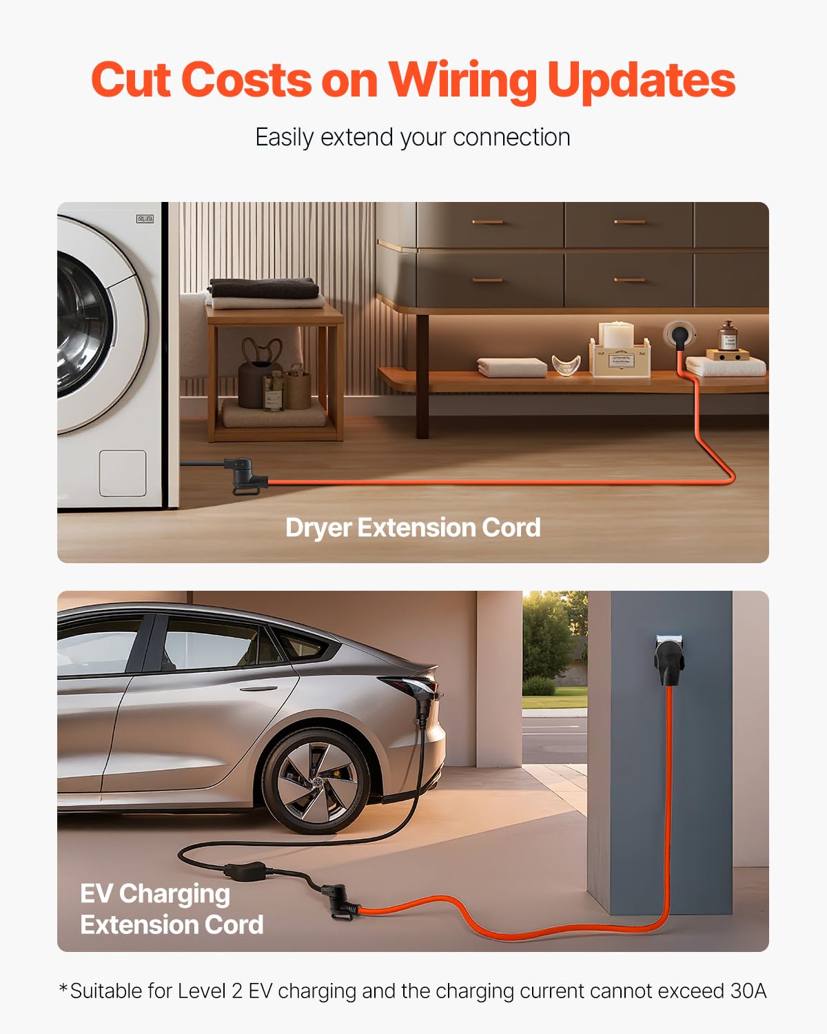 Vevor 10 Ft Dryer Extension Cord, 4-Prong Nema 14-30P To 14-30R Dryer Cord, 125V/250V, Stw 10Awg/4C, 30A, Pure Copper Wire Cable