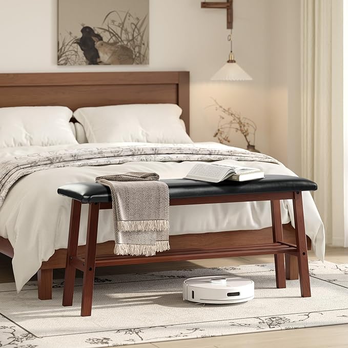 VINGLI Padded Solid Wood Dining Bench 39" Wooden Bench for Entryway, Bedroom, Kitchen & Living Room, with Shoe Rack Storage, Walnut