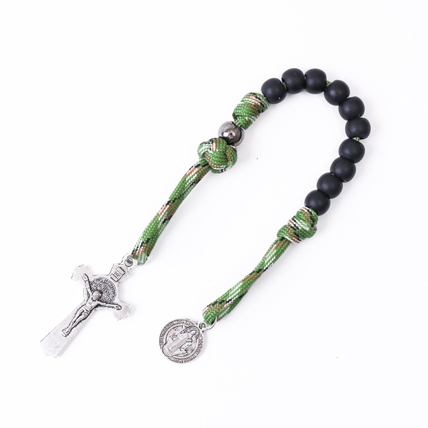 Nazareth Store Olive Military One Decade Khaki Paracord Rosary Black Beads Pocket Car Rosary Protection St. Benedict Medal & Cru