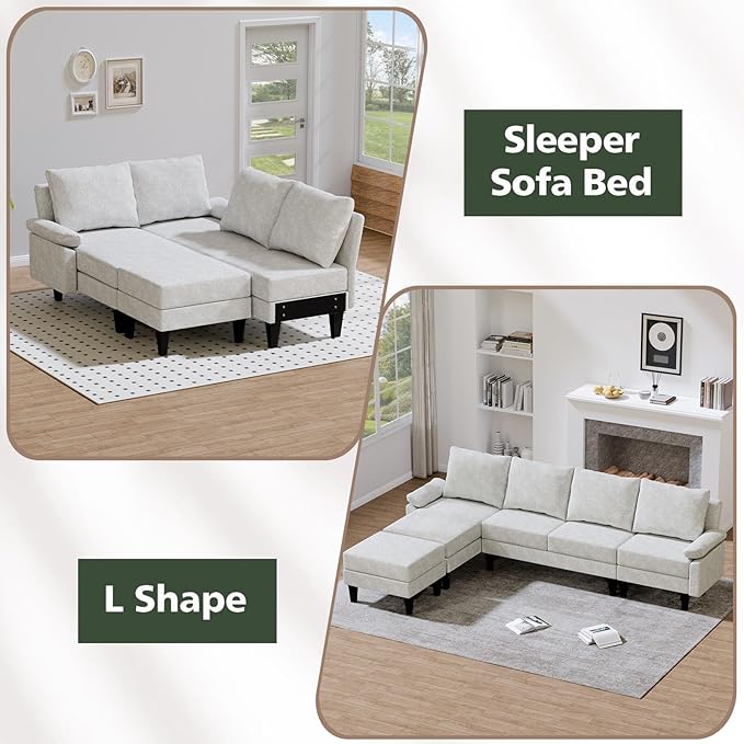 Topcomfy U-Shaped Sectional Couches for Living Room, Convertible 4 Seat Modular Sectional Sofa Set with Ottoman, Modern L Shaped Couch with Chaise for Bedroom Apartment and Office, Chenille White