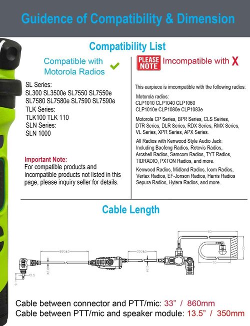 commountain SL300 SL3500e Earpiece with Mic Compatible for Motorola Radios TLK-100 TLK-110 SL-300 SL7550 SL7550e SL-3500e TLK100 TLK110, Acousic Tube Headset