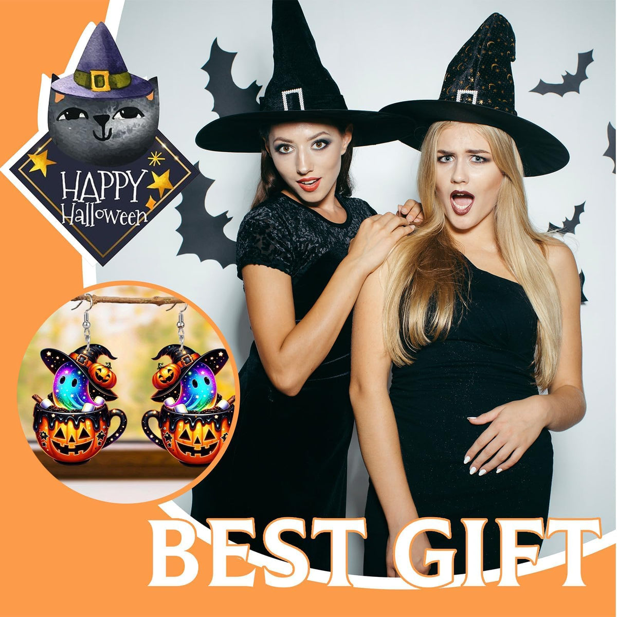 Cute Black Cat & Skeleton Pumpkin Earrings - Spooky Boo Accessories for Women's Halloween Costume