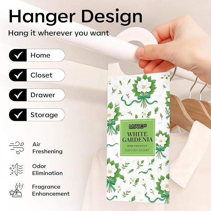 MYARO Large Hanging Sachets Scented for Drawer and Closet, 12 Pcs Potpourri Bags Long Lasting Air Freshener for Home Car House (White Gardenia)