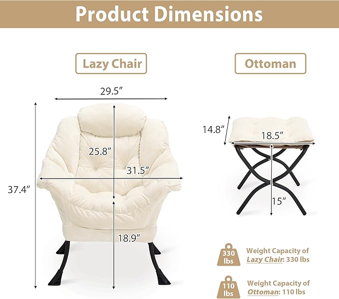 Youtanic Lazy Chair with Folding Ottoman, Accent Chair Plush Upholstered with Metal Structure and Non-Slip Pads, Sofa Armchair with Footrest and Side Storage Bag for Dorm, Room, Office, Beige